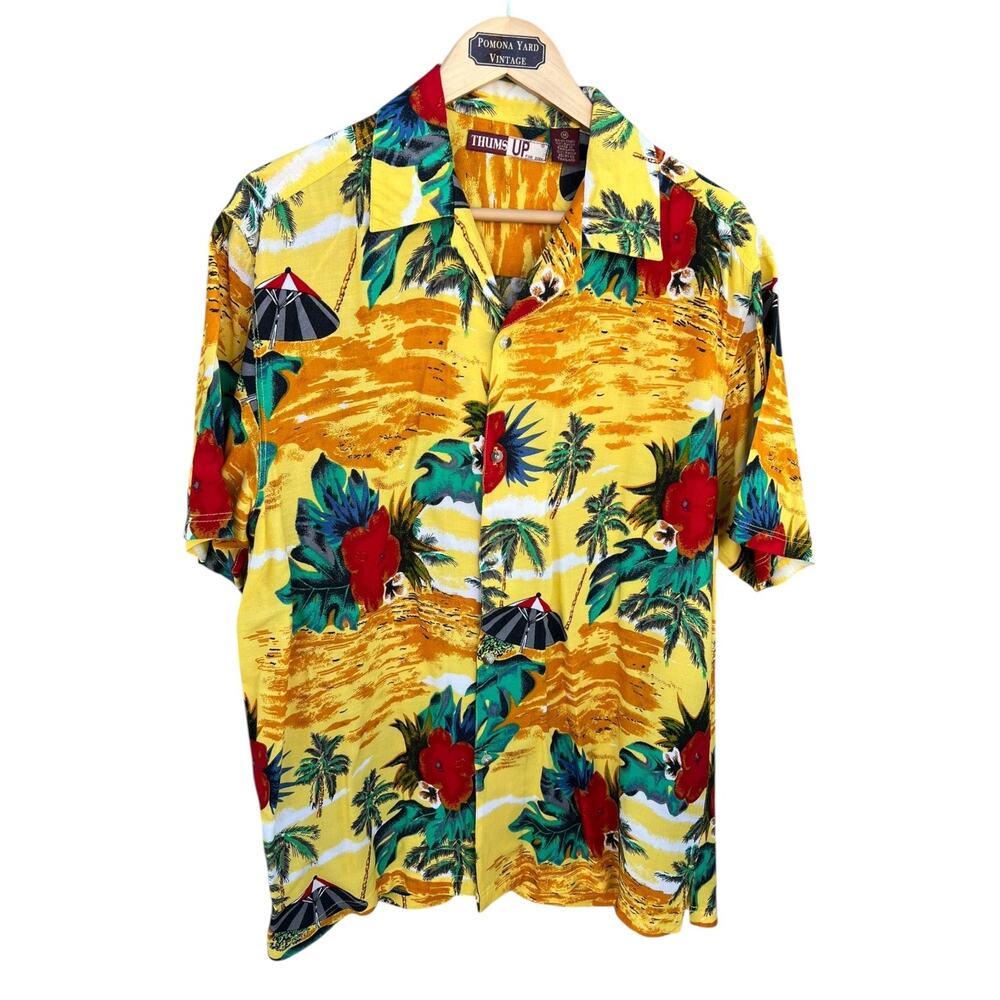 Thums Up Vintage 90s Men's Hawaiian Shirt Bright Yellow Floral Palm Size Medium